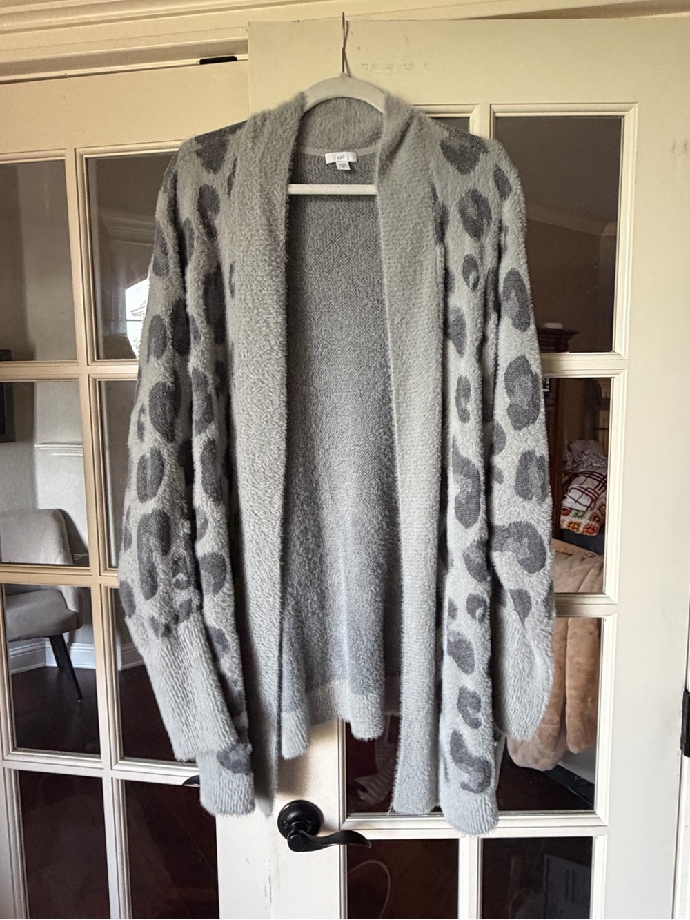 J JILL Gray Leopard Print Fuzzy Open Front Cardigan XL Tall
